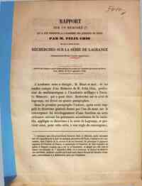 Recherches sur la série de Lagrange / par M.Fèlix Chio. Rapport sur une memoire qui à   été presenté à      l'Acadèmie des Sciences de Paris