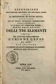 Esposizione dell'influsso meteorico del sole sulla terra ossia la metamorfosi de' fluidi sottili applicata alli piu' recenti straordinarj meteorici tempj ... del dottore fisico-medico Curione Cefas da Asti ..