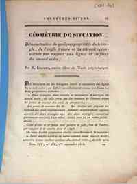 Géométrie de situation : démonstration de quelques propriétes du triangle, de l'angle   triédre et du tétraèdre, considérés par rapport aux lignes et surfaces du second ordre / par   M. Chasles