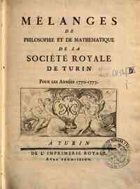 Mélanges de philosophie et de mathématique de la Société Royale de Turin[...] - 1770-1773 5(1770-1773) - anno patrimoniale 2013 