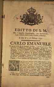 Editto di S.M. per l'imposto straordinario, ora diminuitosi, e per la sesta sulli censi, crediti, e redditi. In data de' 5. di Febbraio 1752