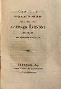 Cariche occupate in Firenze dal professore Lorenzo Nannoni ed opere del medesimo pubblicate