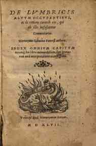 De Lumbricis alvum occupantibus, ac de ratione curandi eos, qui ab illis infestantur commentarius. Hieronymo Gabucino Fanenzi authore. Index omnium capitum rerumque hoc libro memorabilium, cum graecarum vocum interpretatione accuratissima