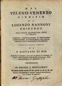 Del veleno-venereo. Giudizio di Lorenzo Nannoni chirurgo della reale gran ducale corte di Toscana