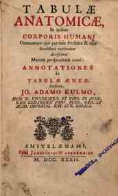 Tabulae anatomicae in quibus corporis humani omniumque ejus partium structura & usus brevissime explicantur: accesserunt majoris perspicuitatis causa annotationes et tabulae aeneae auctore Jo. Adamo Kulmo