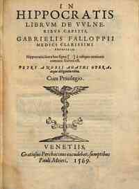 In *Hippocratis librum de vulneribus capitis, Gabrielis Falloppii medici clarissimi expositio. ... Petri Angeli Agathi opera, atque diligentia edita, ..
