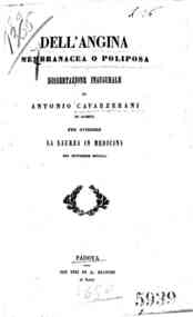 Dell'*angina membranacea o poliposa : *dissertazione inaugurale di Antonio Cavarzerani di Caneva per ottenere la Laurea in Medicina nel Settembre 1850