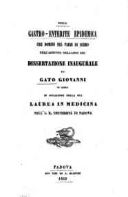 *Della gastro-enterite epidemica che dominò nel paese di Quero nell'autunno dell'anno 1851 : dissertazione inaugurale ... in occasione della sua laurea in medicina nella I. R. Università di Padova / di Gato Giovanni